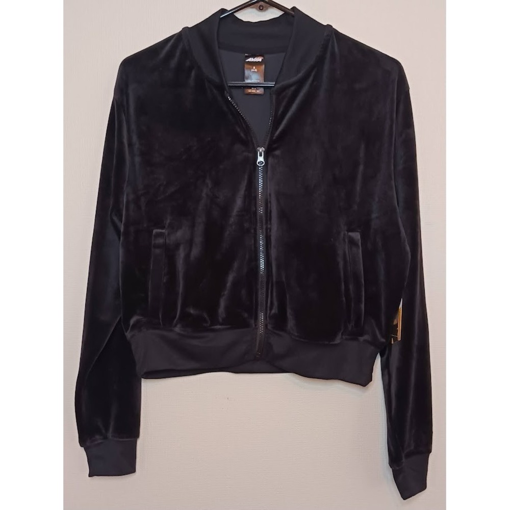 Womens Velour Cropped Zip Bomber Jacket,‎ , Black, Side pocket, Size Small
